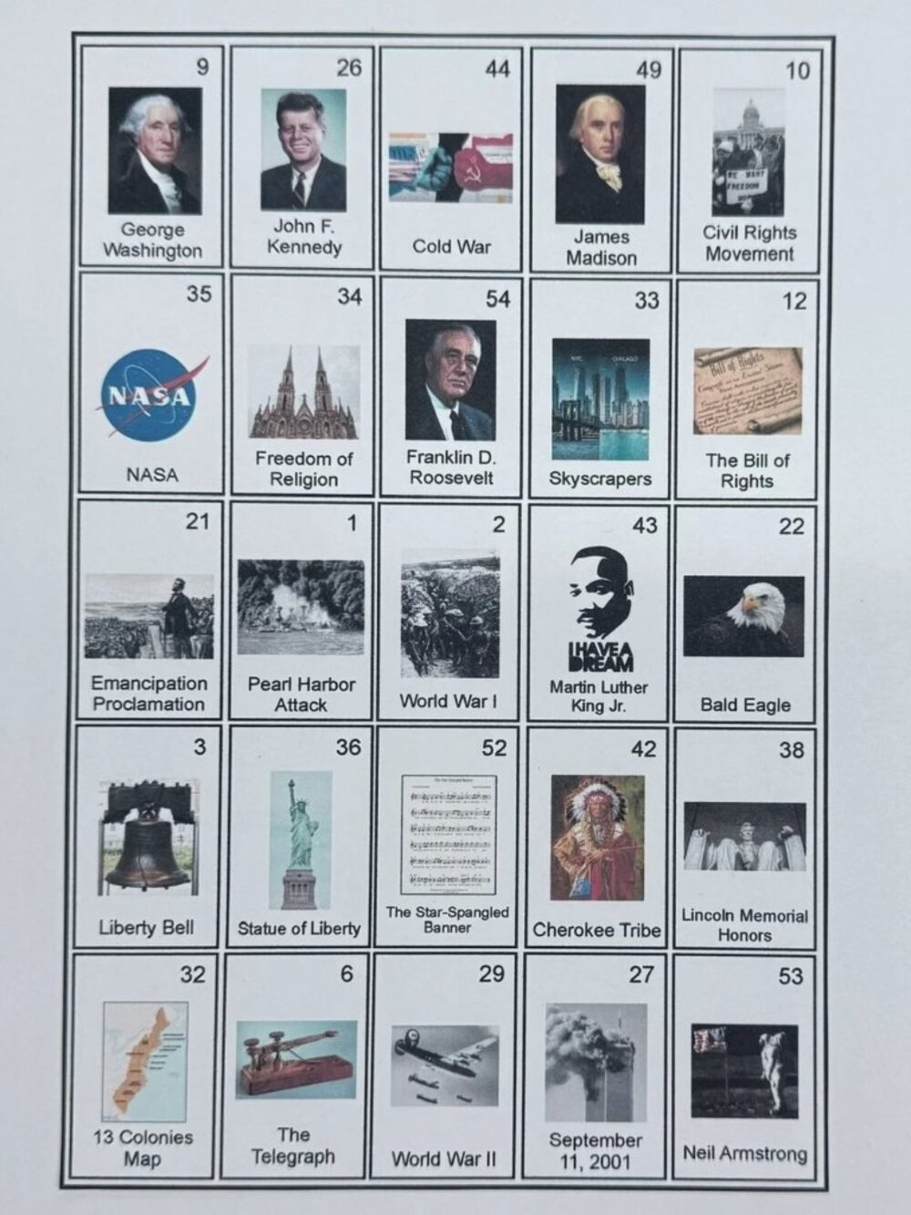 U.S. History Educational Bingo | Classroom Learning Game | 50 Boards + Deck